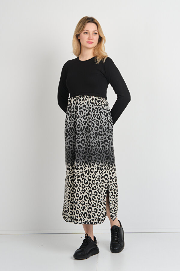 Sistas Kadın Leopar Desenli Yanları Yırtmaçlı Bisiklet Yaka Elbise 24922 Gri-Bej