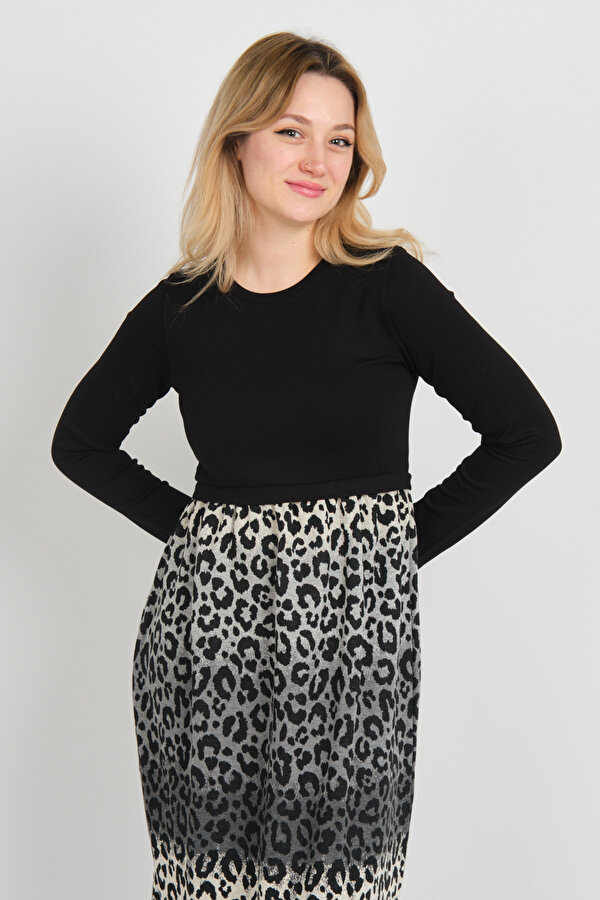 Sistas Kadın Leopar Desenli Yanları Yırtmaçlı Bisiklet Yaka Elbise 24922 Gri-Bej