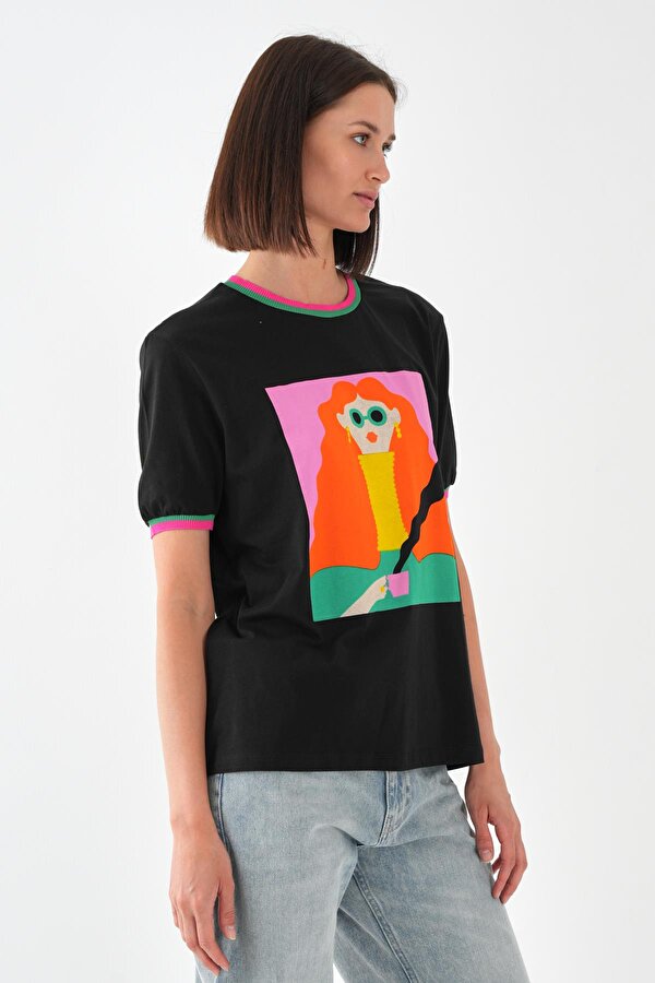 Alexander Gardi ALEXANDERGARDI Yaka ve Kol Detaylı Baskılı Kadın T-shirt