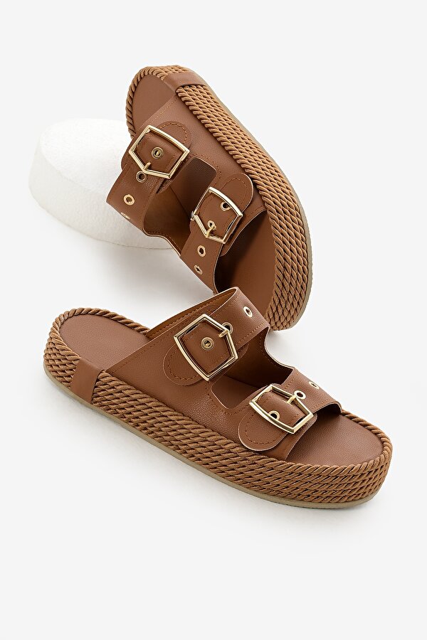 Tonny Black Kadın Taba Halat Detaylı Yüksek Taban Çift Tokalı Terlik