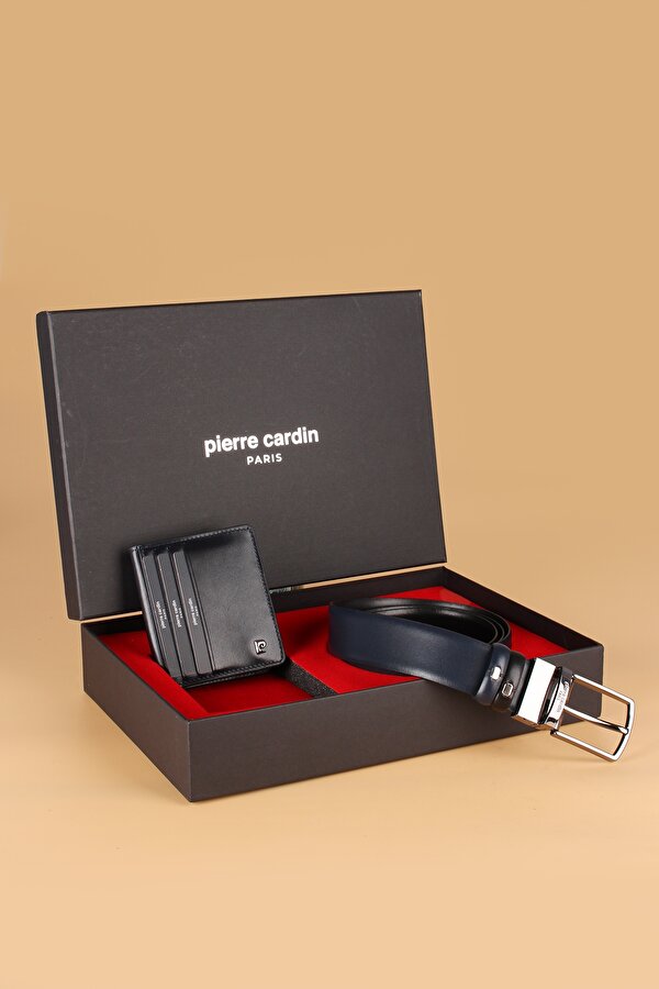 Pierre Cardin -Set 5- % 100 Hakiki Deri Özel Hediye Kutulu  Damat Çift Taraflı Kemer Cüzdan Çeyiz Seti LACİVERT