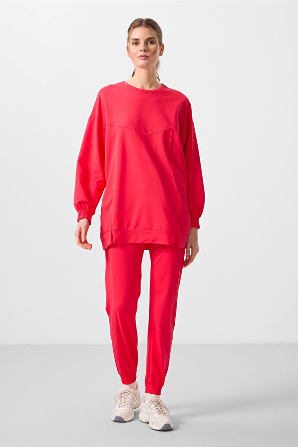 TOMMYLIFE Viva Kırmızı O Yaka Basic Oversize Kadın Eşofman Tunik Takım - 95347