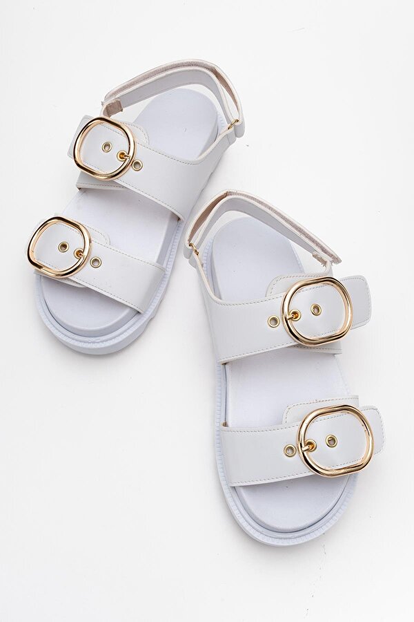 Ccway Kadın Çift Tokalı Cırtlı Sandalet BEYAZ