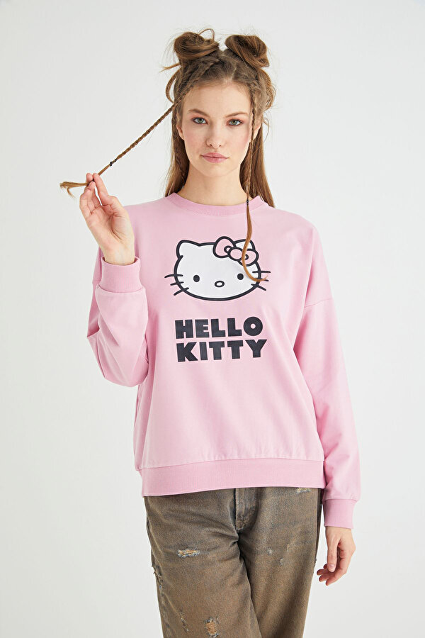 Hello Kitty Lisanslı Baskılı Oversize Fit Pembe Sweatshirt