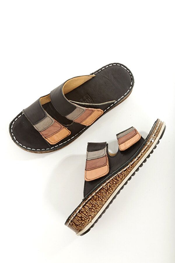 Modabuymuş Crea Çok Renkli Siyah Hakiki Deri Cırtcırtlı Günlük Kadın Terlik