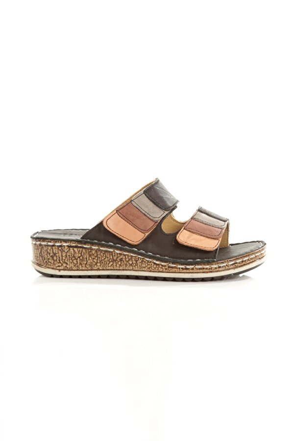 Modabuymuş Crea Çok Renkli Siyah Hakiki Deri Cırtcırtlı Günlük Kadın Terlik