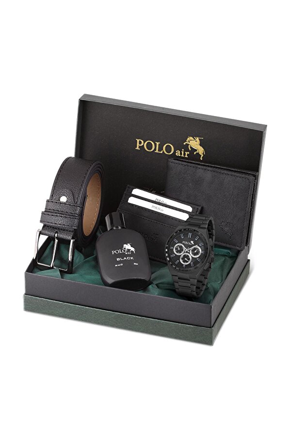 Polo Air Erkek Kol Saati Cüzdan Kemer Kartlık Parfüm Kombin Set Siyah Renk PL-0990E1