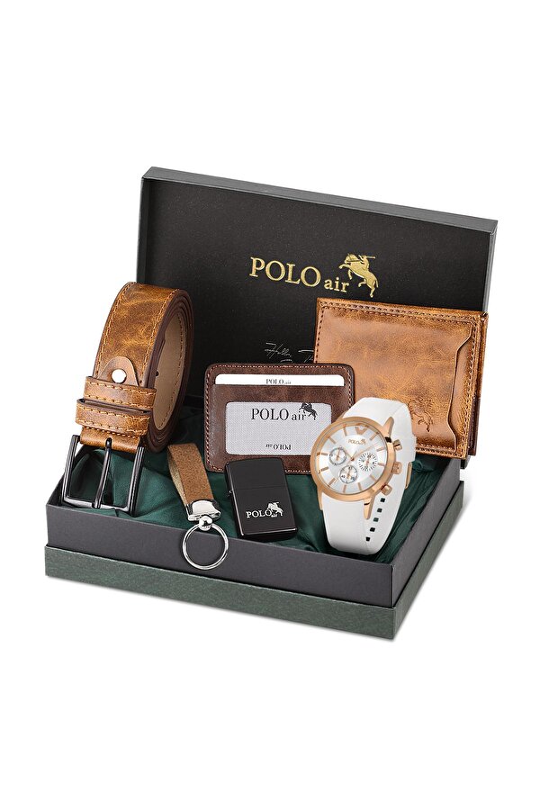 Polo Air Erkek Kol Saati Cüzdan Kemer Kartlık Anahtarlık Çakmak Kombin Taba Beyaz Renk PL-0984E5