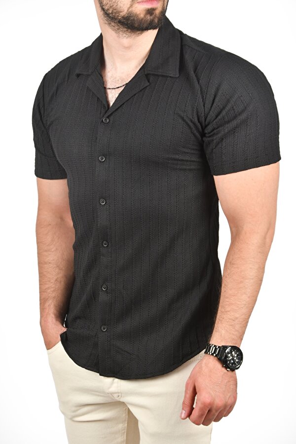 Deep Sea DeepSEA Erkek Siyah Slim Fit Pamuklu Apaş Yaka Kısa Kol Penye  Gömlek Dokulu Jakar Kumaş Dar Kesim Spor Gömlek 2501216