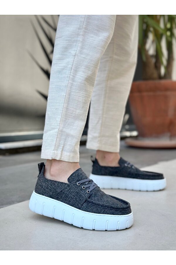 Pabucmarketi Bağcıklı Keten Erkek Günlük Ayakkabı GRİ (BEYAZ TABAN)