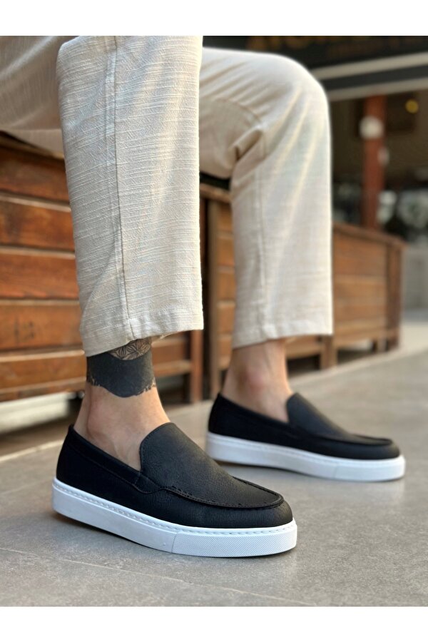 Pabucmarketi Bağcıksız Erkek Casual Ayakkabı SİYAH (BEYAZ TABAN)