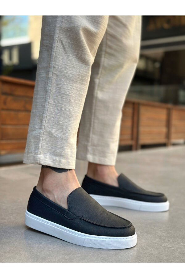 Pabucmarketi Bağcıksız Erkek Casual Ayakkabı SİYAH (BEYAZ TABAN)
