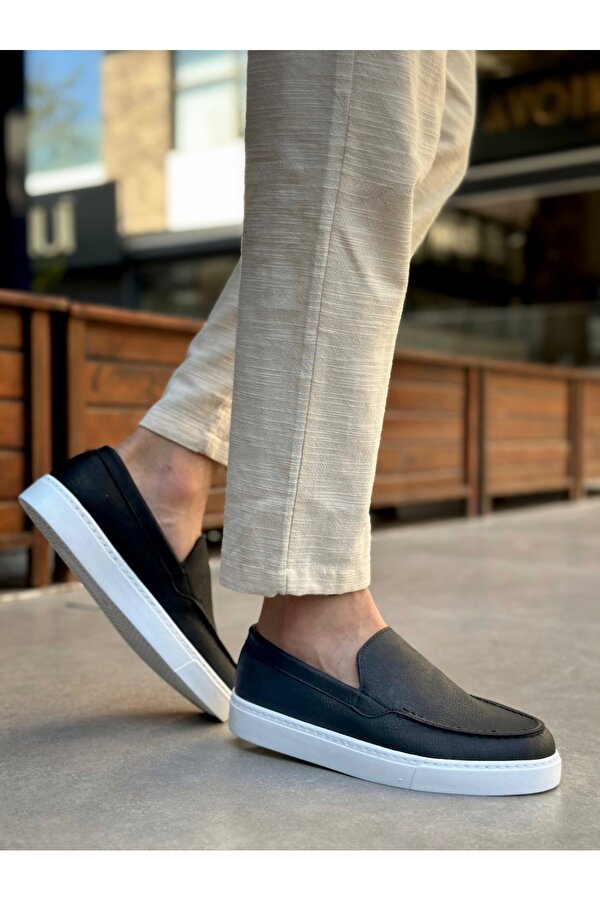 Pabucmarketi Bağcıksız Erkek Casual Ayakkabı SİYAH (BEYAZ TABAN)
