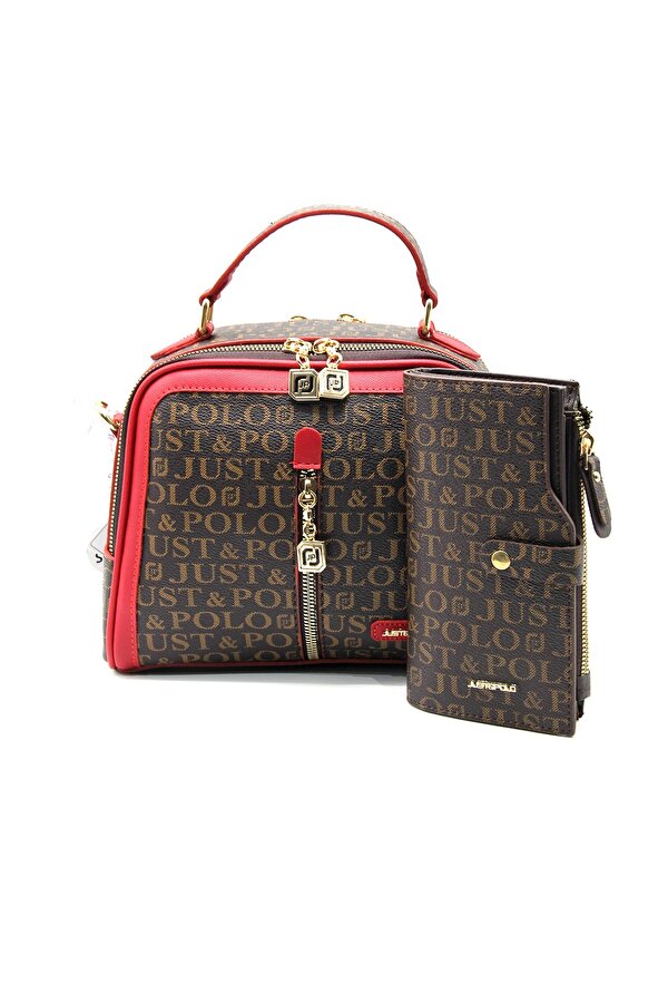 Just Polo Kadın Kahverengi-Kırmızı Baskı Desenli Omuz Çanta ve Cüzdan Kombini Jpt2057-09