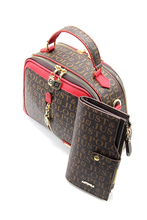 Just Polo Kadın Kahverengi-Kırmızı Baskı Desenli Omuz Çanta ve Cüzdan Kombini Jpt2057-09