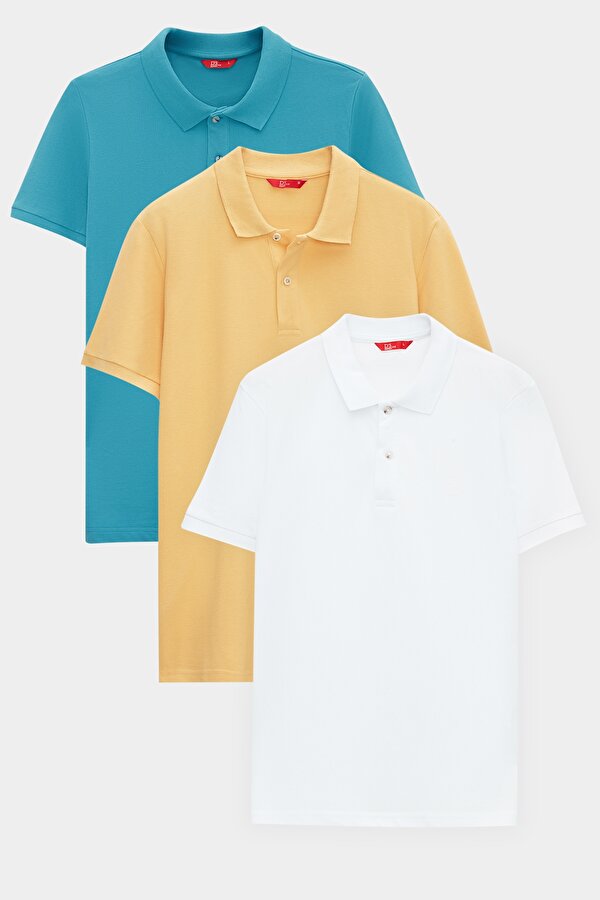 D'S damat Ds Damat Regular Fit Turkuaz/Açık Sarı/Beyaz Pike Dokulu %100 Pamuk Polo Yaka T-Shirt