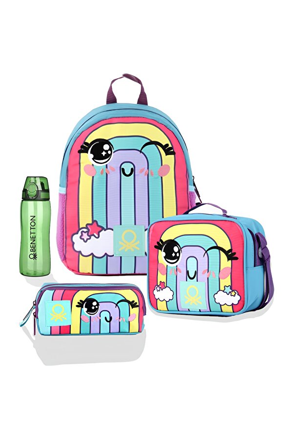 Benetton United Colors of Gökkuşağı Anaokulu Çanta Seti( Çanta+ Beslenme+ Kalemlik+ Yeşil Matara )