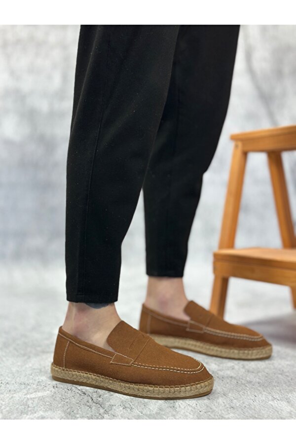 Bağcıksız Doğal Deri Tozu Kauçuk El Yapımı Espadril Erkek Ayakkabı TABA