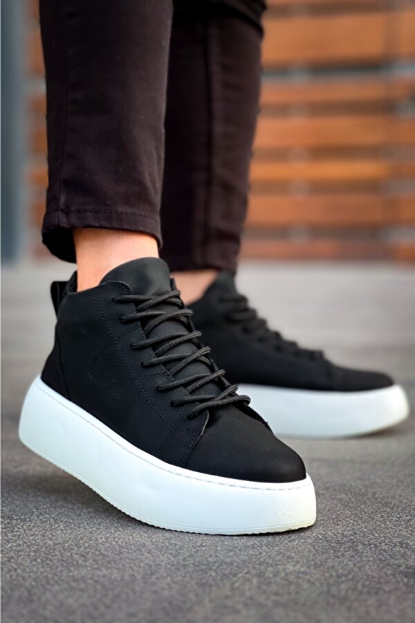 Pabucmarketi Bağcıklı Erkek Spor Bot SİYAH (BEYAZ TABAN)