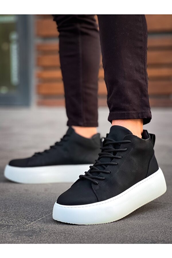 Pabucmarketi Bağcıklı Erkek Spor Bot SİYAH (BEYAZ TABAN)