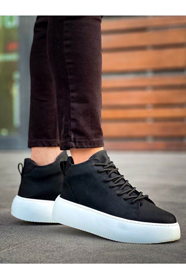 Pabucmarketi Bağcıklı Erkek Spor Bot SİYAH (BEYAZ TABAN)