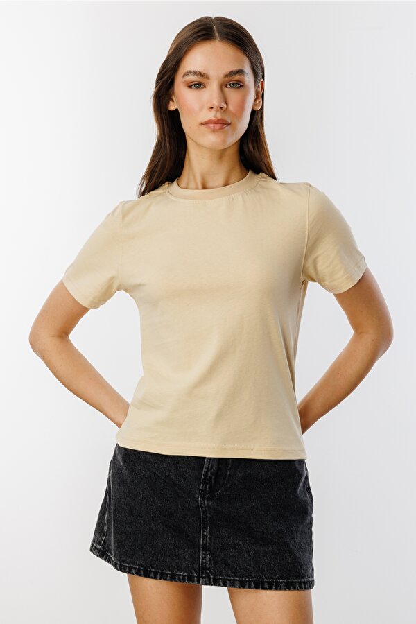 Kadın T-shirt Kısa Kollu Organik Pamuklu Bisiklet Yaka Crop T-shirt