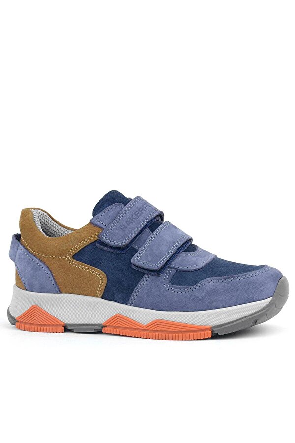 Hakiki Deri Mavi Süet Taba Çocuk Cırtlı Sneakers Spor Ayakkabı