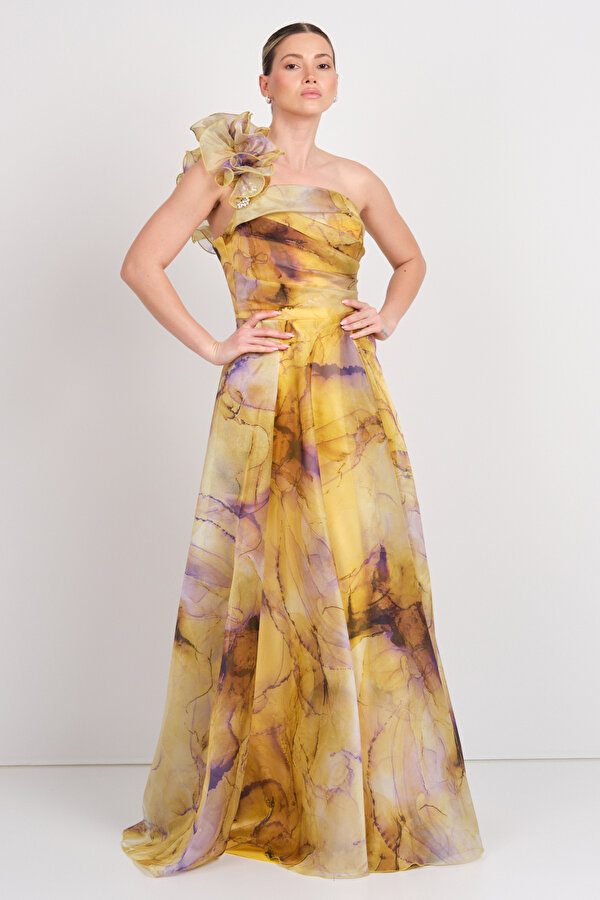 Saygın Kadın Tek Omuz Desenli Maxi Abiye Elbise 5632 Sarı