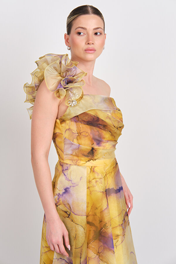 Saygın Kadın Tek Omuz Desenli Maxi Abiye Elbise 5632 Sarı