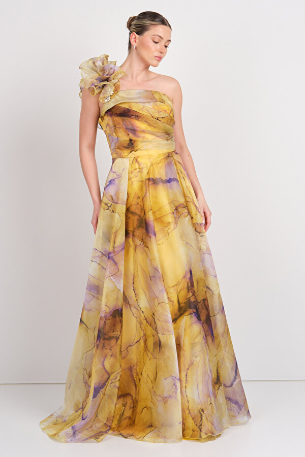 Saygın Kadın Tek Omuz Desenli Maxi Abiye Elbise 5632 Sarı