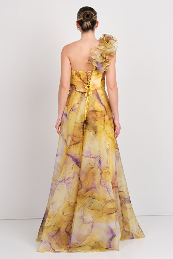 Saygın Kadın Tek Omuz Desenli Maxi Abiye Elbise 5632 Sarı