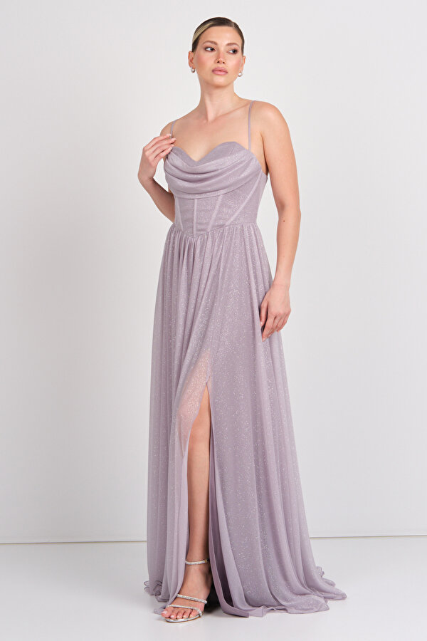 Doridorca Kadın Beli Korsajlı İp Askılı Maxi Abiye Elbise 5108 Vizon