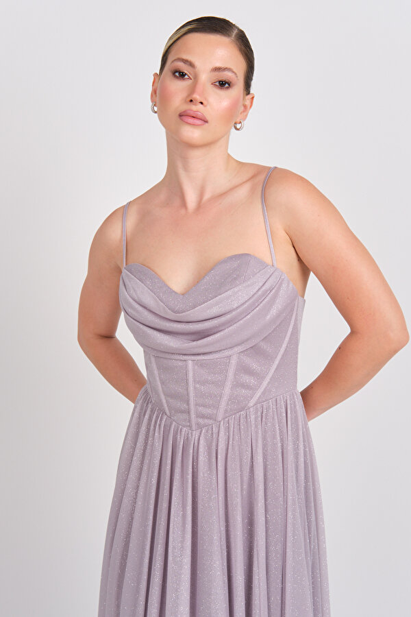 Doridorca Kadın Beli Korsajlı İp Askılı Maxi Abiye Elbise 5108 Vizon