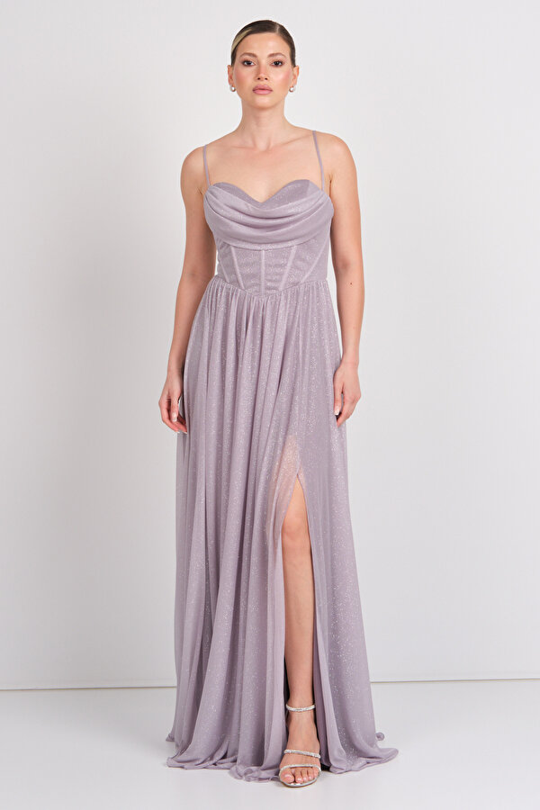 Doridorca Kadın Beli Korsajlı İp Askılı Maxi Abiye Elbise 5108 Vizon