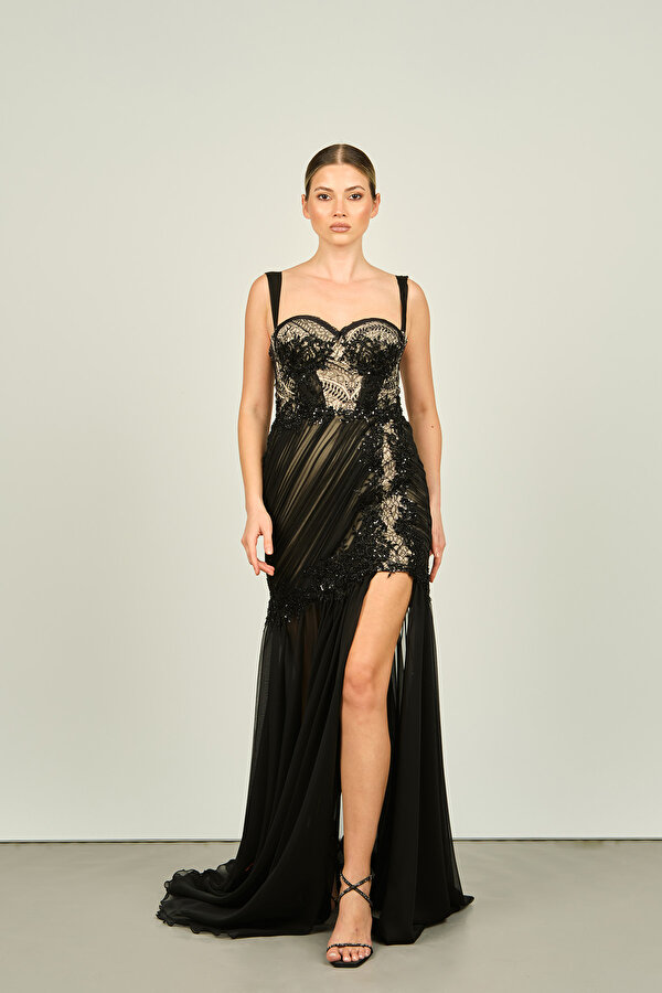 Ömür Inn Kadın Askılı Taş Detaylı Dantel Mini Abiye Elbise 2470 Siyah