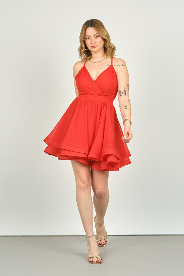 Saygın Kadın Kruvaze Yaka Kısa Abiye Elbise 0990237 Mercan