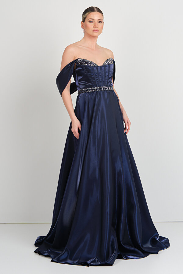 Renk Kadın Beli Korsajlı Kalp Yaka Taş Süslemeli Uzun Abiye Elbise 5257 Lacivert