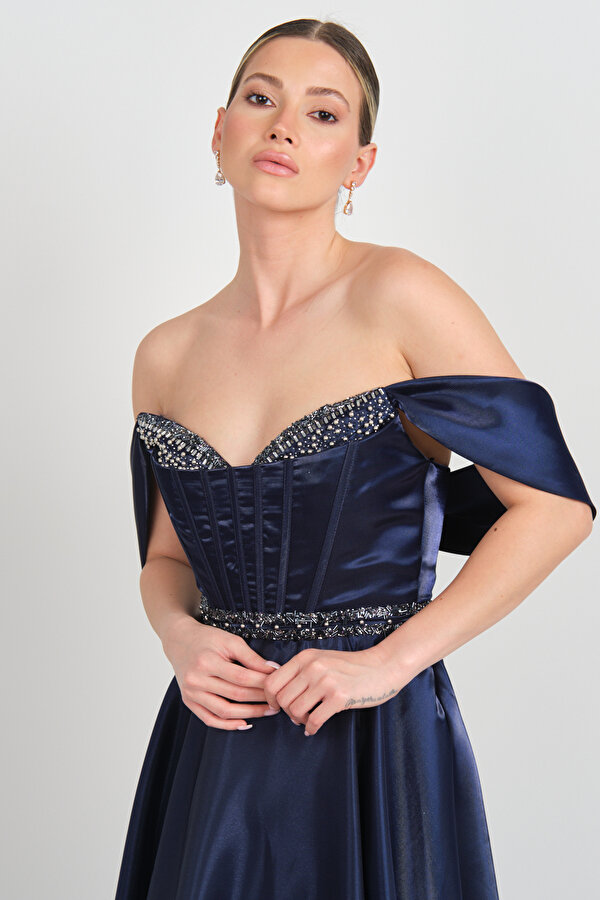 Renk Kadın Beli Korsajlı Kalp Yaka Taş Süslemeli Uzun Abiye Elbise 5257 Lacivert