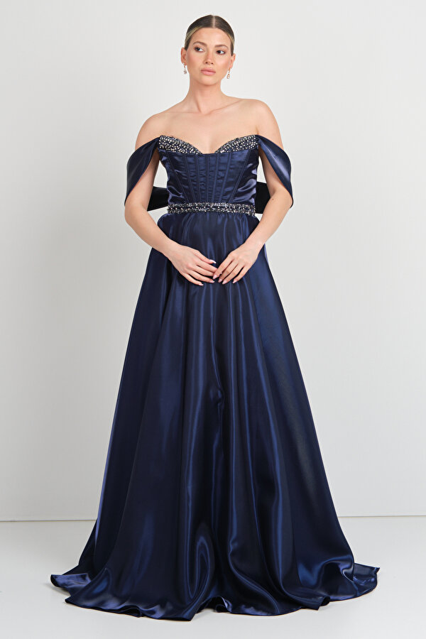 Renk Kadın Beli Korsajlı Kalp Yaka Taş Süslemeli Uzun Abiye Elbise 5257 Lacivert