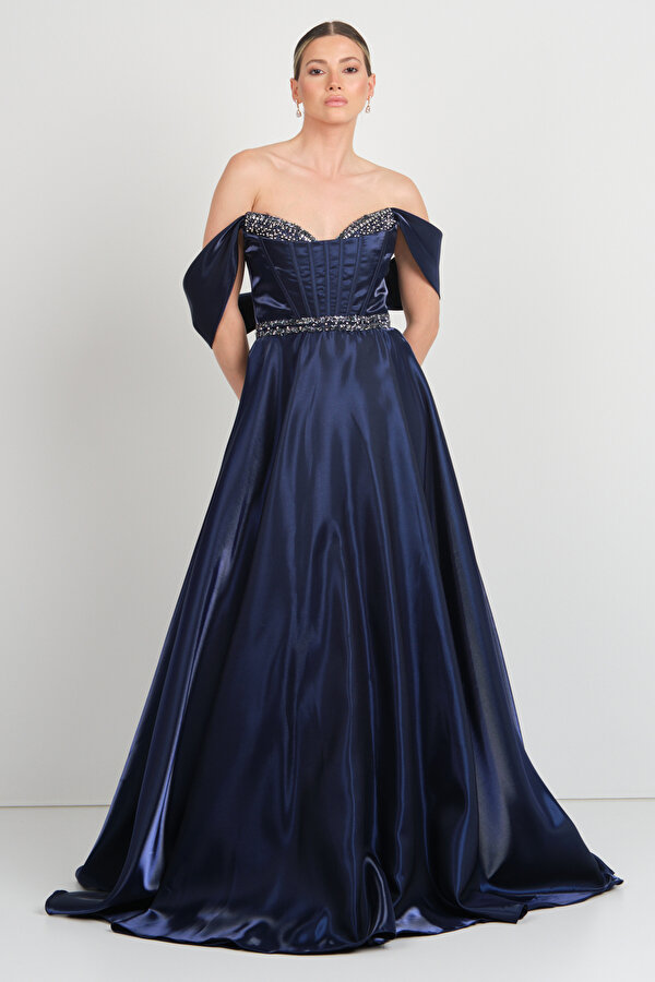 Renk Kadın Beli Korsajlı Kalp Yaka Taş Süslemeli Uzun Abiye Elbise 5257 Lacivert