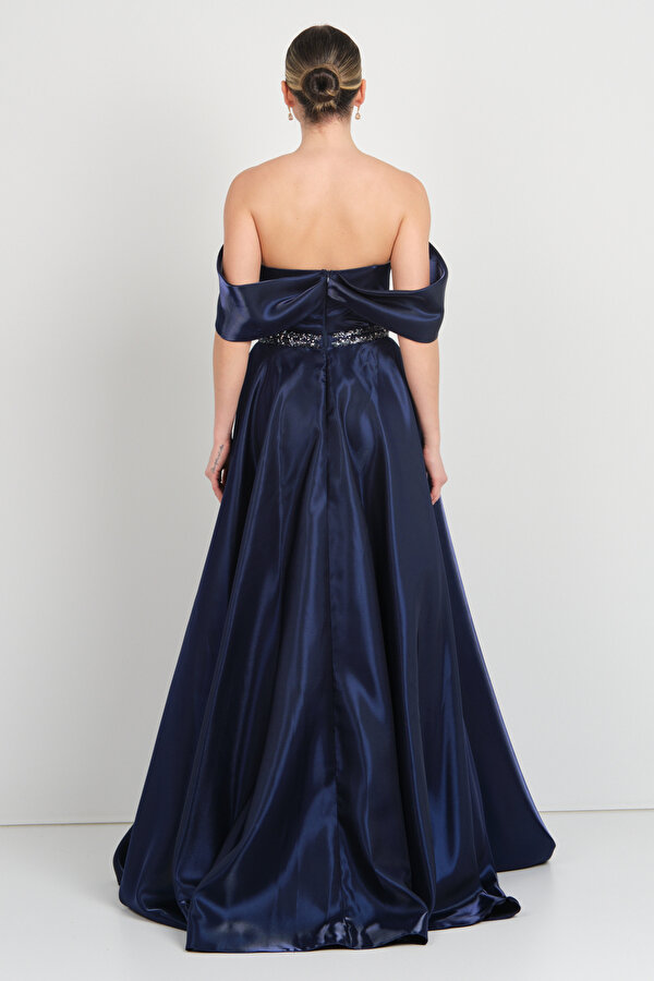 Renk Kadın Beli Korsajlı Kalp Yaka Taş Süslemeli Uzun Abiye Elbise 5257 Lacivert