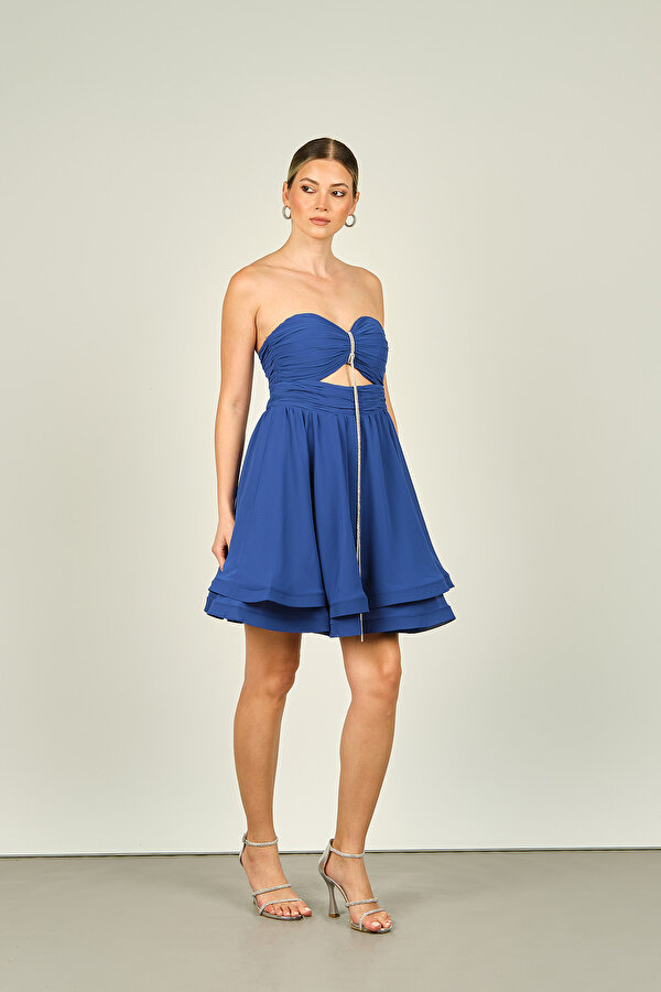 Saygın Kadın Straplez Pencere Detaylı Şifon Mini Abiye Elbise 4597 Indigo