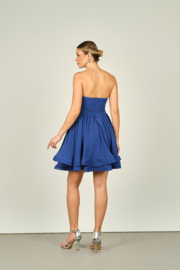 Saygın Kadın Straplez Pencere Detaylı Şifon Mini Abiye Elbise 4597 Indigo