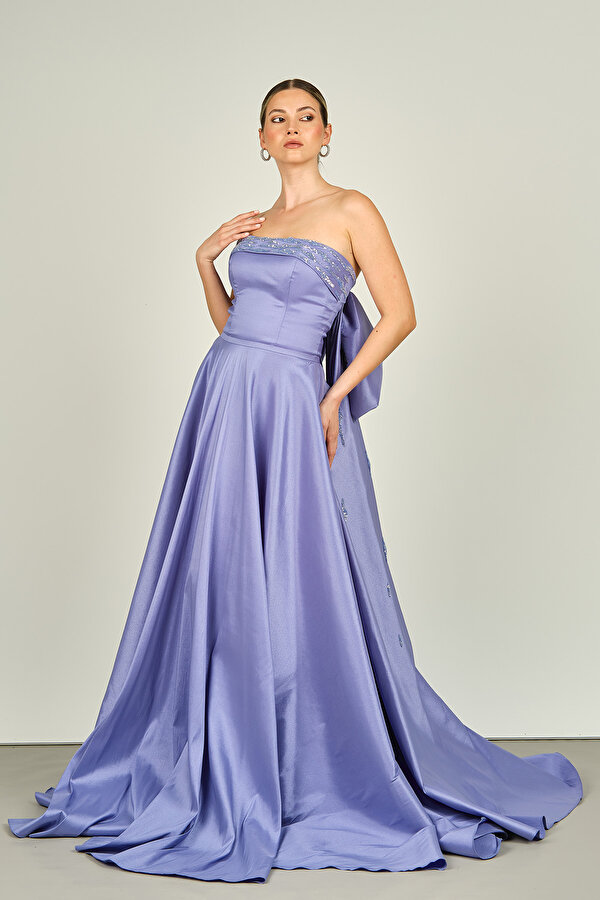 Ömür Inn Kadın Straplez Taş ve Payet İşlemeli Saten Uzun Abiye Elbise 4138 Kraliyet Mavisi