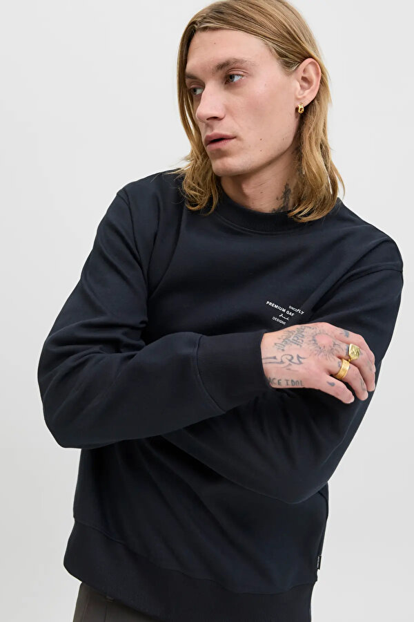 Jack & Jones Erkek Jprblachad Baskılı Bisiklet Yaka Sweatshirt 12261386 Siyah