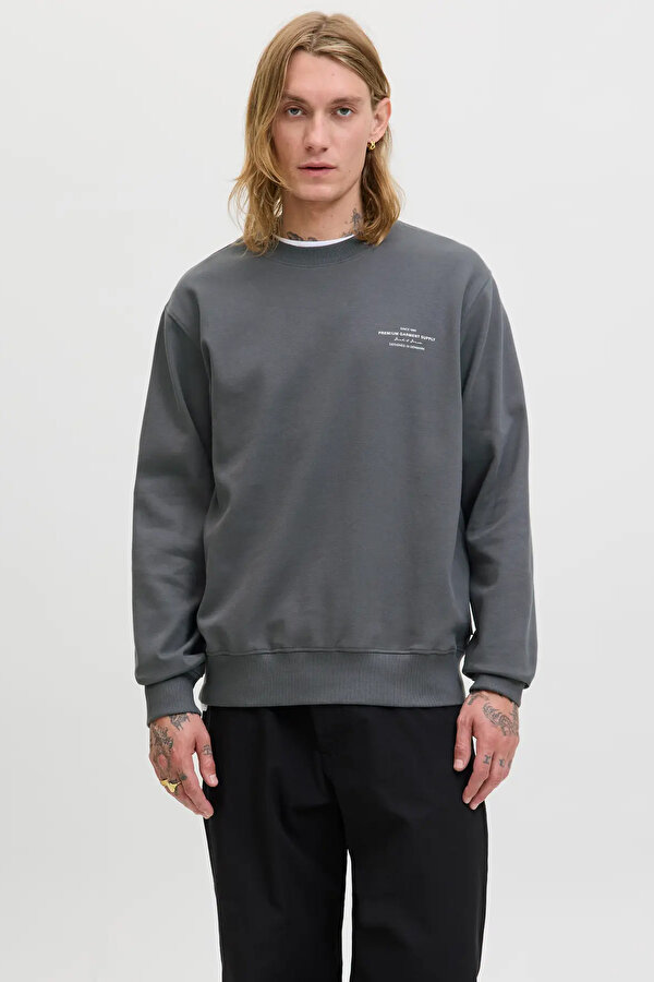 Jack & Jones Erkek Jprblachad Baskılı Bisiklet Yaka Sweatshirt 12261386 Füme