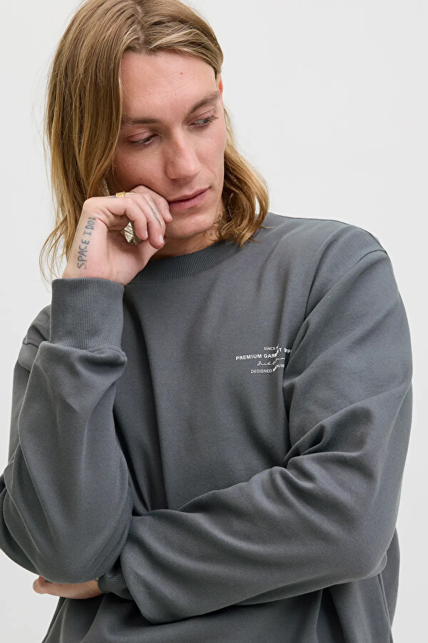 Jack & Jones Erkek Jprblachad Baskılı Bisiklet Yaka Sweatshirt 12261386 Füme