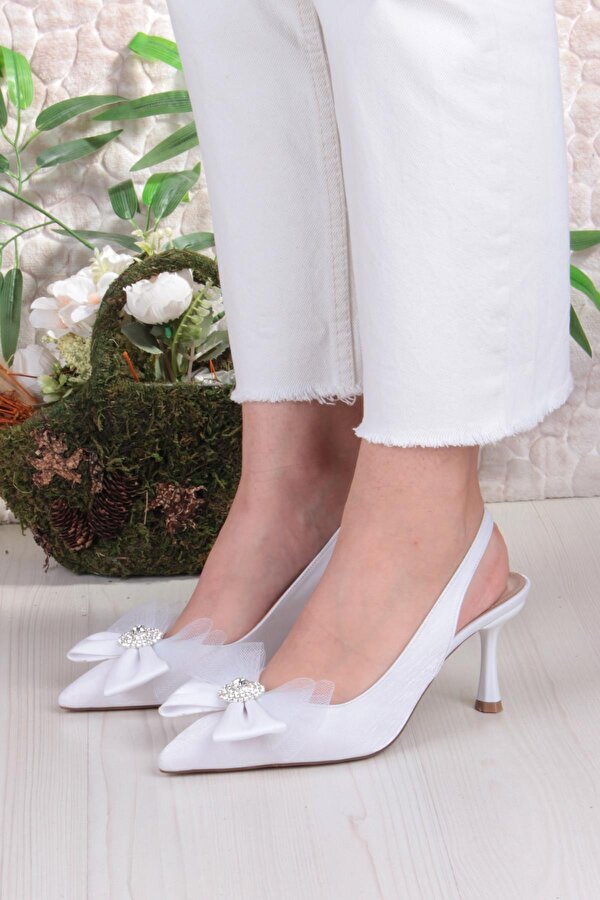 Fort 129-1070 Fls Saten Taşlı Fiyonk Detaylı Arkası Açık Önü Kapalı Topuklu Kadın Ayakkabı