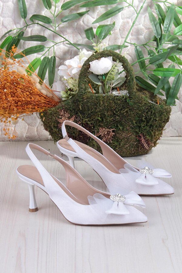 Fort 129-1070 Fls Saten Taşlı Fiyonk Detaylı Arkası Açık Önü Kapalı Topuklu Kadın Ayakkabı