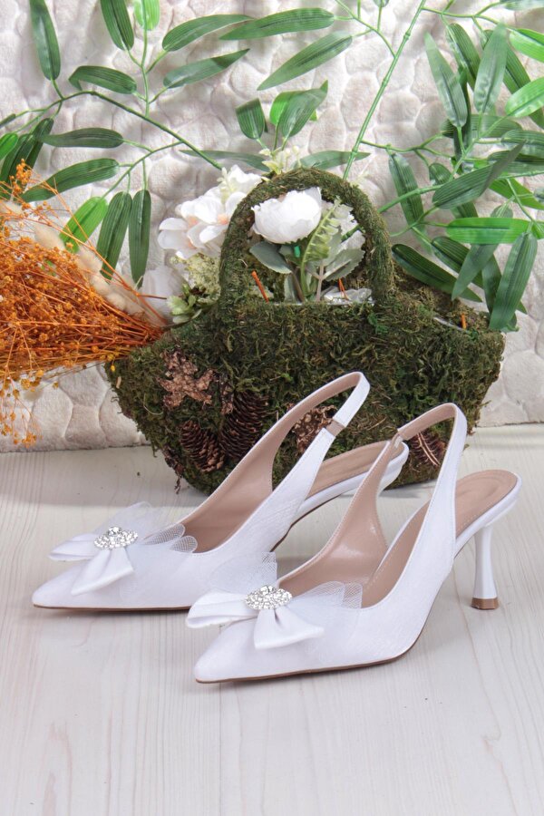 Fort 129-1070 Fls Saten Taşlı Fiyonk Detaylı Arkası Açık Önü Kapalı Topuklu Kadın Ayakkabı